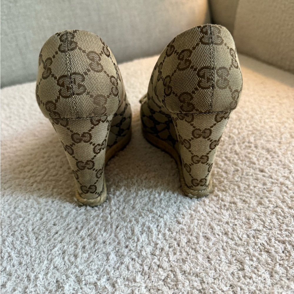 Gucci Brown Monogram Peep-Toe Wedge Espadrilles - Picture 6 of 12